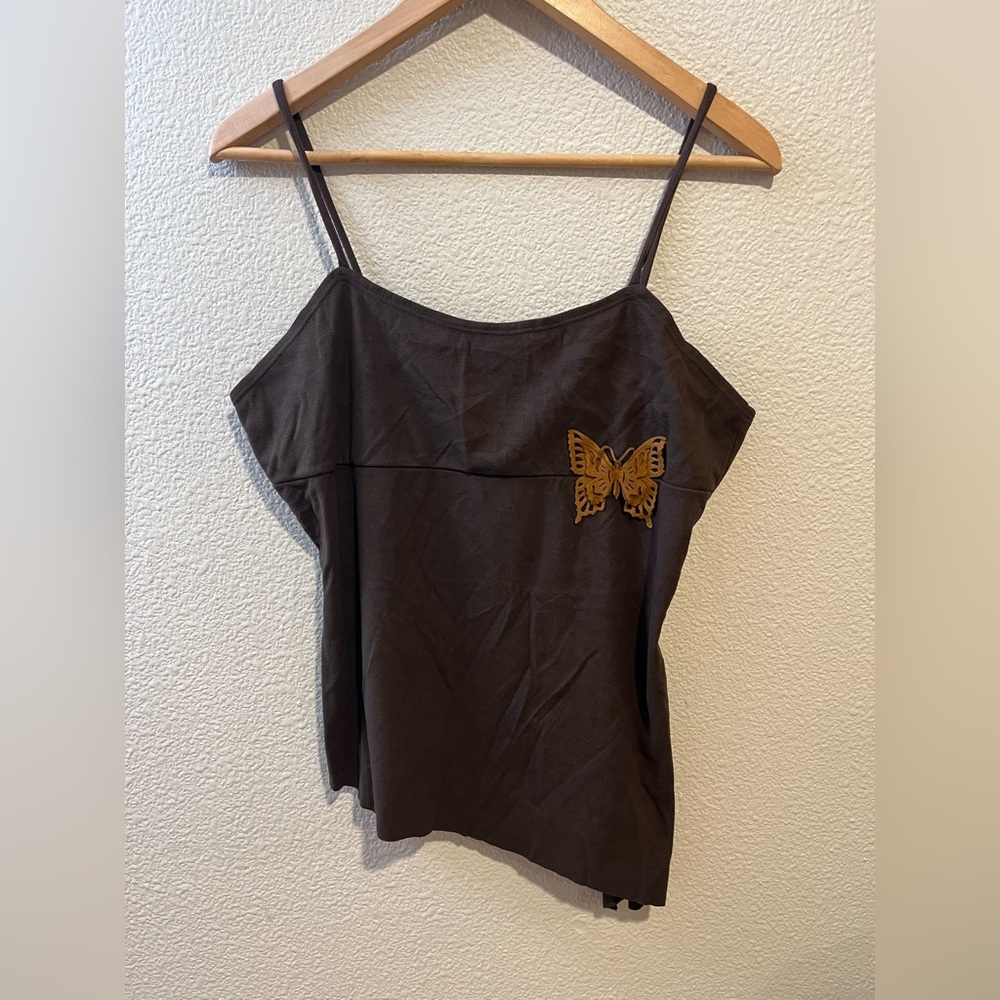 Vintage Y2K Butterfly Patch Faux Suede Brown Cami Tank Top M/L NWT